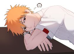 Rule 34 | 1boy, arm support, bleach, blush stickers, brown eyes, commentary request, crossed arms, from side, gwao ( ul 13), highres, kon (bleach), korean commentary, kurosaki ichigo, looking at viewer, male focus, nose, orange hair, parted lips, school uniform, shirt, short hair, short sleeves, simple background, smile, solo, spiked hair, tsurime, upper body, v-shaped eyebrows, watch, white background, white shirt, wristwatch