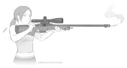 Rule 34 | 1girl, ai arctic warfare, black hair, bolt action, casing ejection, colored skin, greyscale, gun, highres, holding, holding gun, holding weapon, long hair, mleth, monochrome, nintendo, ponytail, rifle, scope, shell casing, sniper rifle, solo, super smash bros., tank top, weapon, white skin, wii fit, wii fit trainer, wii fit trainer (female)
