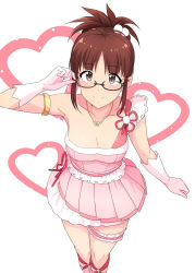Rule 34 | 1girl, adjusting eyewear, akizuki ritsuko, breasts, brown eyes, brown hair, cleavage, collarbone, dress, glasses, gloves, heart, highres, idolmaster, idolmaster (classic), jewelry, looking at viewer, md5 mismatch, medium breasts, necklace, pendant, pink dress, pink gloves, simple background, smile, solo, thigh strap, thighs, tsurui