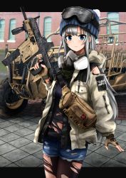 Rule 34 | 1girl, absurdres, bag, black pantyhose, blue eyes, blue headwear, blue shorts, blurry, blurry background, bobblehat, building, closed mouth, coat, commentary, cross, depth of field, english commentary, gas mask, goggles, goggles on head, grey hair, gun, highres, holding, holding gun, holding weapon, huge filesize, kk90, kriss vector, letterboxed, light frown, looking at viewer, mask, mask around neck, military, military vehicle, open clothes, open coat, original, outdoors, outside border, pantyhose, red cross, satchel, shorts, solo, standing, submachine gun, torn clothes, torn coat, torn pantyhose, torn shorts, weapon, white coat