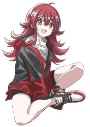 Rule 34 | 1girl, :d, absurdres, ahoge, air jordan, air jordan 1, bare legs, bike shorts, commentary request, full body, highres, idolmaster, idolmaster shiny colors, indian style, jacket, komiya kaho, long hair, long sleeves, looking at viewer, nike (company), open mouth, red eyes, red hair, red jacket, shoes, simple background, sitting, smile, sneakers, solo, urota shimapann, white background