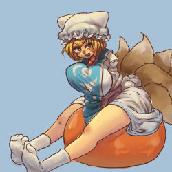 Rule 34 | 1girl, animal hat, blonde hair, blue background, breasts, bright pupils, brown eyes, chanta (ayatakaoisii), dress, fox tail, full body, hat, large breasts, long sleeves, mob cap, multiple tails, open mouth, short hair, simple background, sitting, socks, solo, tabard, tail, touhou, white dress, white hat, white pupils, white socks, yakumo ran