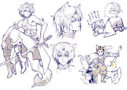 Rule 34 | 2boys, ?, absurdres, adapted costume, aged down, animal ears, arm armor, axe, bare shoulders, battle axe, blonde hair, boots, cape, cat ears, cat tail, crossed arms, detached sleeves, expressionless, facial hair, facing to the side, final fantasy, final fantasy vii, final fantasy vii ever crisis, fingerless gloves, glenn lodbrok, glenn lodbrok (vanguard style), gloves, green eyes, high collar, high heel boots, high heels, highres, holding, holding sword, holding weapon, hug, katana, kemonomimi mode, limited palette, looking back, looking to the side, lying, male focus, multiple boys, multiple views, official alternate costume, on stomach, pants, paw print soles, planted, puffy pants, scared, sephiroth, sephiroth (edged wings), sephiroth (lethal style), short hair, simple background, slit pupils, sweater, sword, t0y0y0, tail, top-down bottom-up, turtleneck, turtleneck sweater, waist cape, weapon, white background