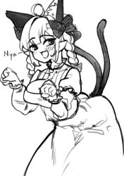 Rule 34 | 1girl, absurdres, ahoge, animal ear fluff, animal ears, blush, bow, braid, cat ears, cat girl, cat tail, dress, greyscale, hair bow, highres, juliet sleeves, kaenbyou rin, leaning forward, long sleeves, looking at viewer, monochrome, multiple tails, nekomata, pointy ears, puffy sleeves, qwas69, side braids, sketch, solo, tail, touhou, twin braids, two tails