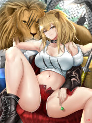 Rule 34 | 1girl, animal ears, arknights, bare shoulders, black choker, breasts, brown eyes, brown hair, choker, cleavage, collarbone, cutoffs, cyicheng, jacket, unworn jacket, large breasts, lion, lion ears, lion girl, lion tail, long hair, looking at viewer, nail polish, navel, short shorts, shorts, siege (arknights), sitting, smile, studded choker, tail, tank top, thighs, war hammer, weapon