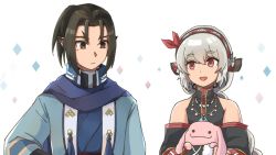 Rule 34 | 1boy, 1girl, aged down, aquaplus, blue scarf, braid, brown hair, closed mouth, covered collarbone, grey hair, hair between eyes, hairband, haru (monochrome mobius), height difference, jewelry, long hair, long sleeves, looking at another, mole, mole under eye, monochrome mobius, necklace, off shoulder, open mouth, pointy ears, ponytail, raised eyebrows, red eyes, scarf, shunya, sidelocks, single braid, sleeveless, twchewp, ukon (utawarerumono), upper body, utawarerumono, utawarerumono: itsuwari no kamen, very long hair, wavy mouth