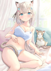 Rule 34 | 1girl, akino ell, animal, animal ear fluff, animal ears, bandaid, bandaid on arm, bare arms, bare shoulders, blue eyes, breasts, brown ribbon, cat, cat ears, cat girl, cat tail, cleavage, closed mouth, collarbone, commentary request, curtains, feet out of frame, grey hair, hair ornament, hair ribbon, hairclip, heart, heart hair ornament, highres, indoors, long hair, medium breasts, navel, one side up, original, panties, pillow, ribbon, solo, tail, underwear, underwear only, white panties, window