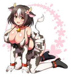 Rule 34 | 1girl, afuro, all fours, animal ears, animal print, ankle boots, bell, bikini, bikini top only, black hair, boots, breasts, brown eyes, choker, cleavage, collar, cow ears, cow girl, cow print, cow print bikini, cowbell, elbow gloves, flower, full body, gloves, hair flower, hair ornament, huge breasts, large breasts, looking at viewer, midriff, multicolored hair, neck bell, open mouth, original, print bikini, short hair, skirt, smile, swimsuit, thighhighs, two-tone hair, white hair