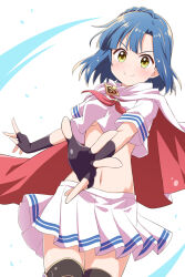Rule 34 | 1girl, black gloves, black thighhighs, blue hair, blush, braid, breasts, cape, closed mouth, cowboy shot, crop top, cropped shirt, dot nose, emblem, fingerless gloves, gloves, idol heroes (idolmaster), idolmaster, idolmaster million live!, idolmaster million live! theater days, looking at viewer, magical girl, medium breasts, midriff, nanao yuriko, navel, neckerchief, open hands, outstretched arm, pleated skirt, reaching, reaching towards viewer, red neckerchief, school uniform, serafuku, short hair, short sleeves, simple background, skirt, smile, solo, taka (suigendou), thighhighs, underboob, v-shaped eyebrows, white background, white cape, white serafuku, white skirt, yellow eyes