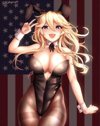 Rule 34 | 1girl, absurdres, american flag, animal ears, bare shoulders, black leotard, black pantyhose, blonde hair, blue eyes, blush, breasts, bsapricot, bunny day, cleavage, detached collar, fake animal ears, fang, groin, hair between eyes, highres, iowa (kancolle), kantai collection, large breasts, leotard, long hair, looking at viewer, open mouth, pantyhose, playboy bunny, rabbit ears, rabbit girl, sidelocks, smile, solo, star-shaped pupils, star (symbol), symbol-shaped pupils, thighband pantyhose, thighs, united states, v, wrist cuffs