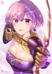 Rule 34 | 1girl, arrow (projectile), artist name, bernadetta von varley, blunt bangs, bow (weapon), breasts, chinchongcha, cleavage, earrings, fire emblem, fire emblem: three houses, gloves, hair between eyes, hair ornament, highres, holding, holding bow (weapon), holding weapon, jewelry, nintendo, open mouth, purple eyes, purple hair, solo, upper body, weapon, yellow gloves