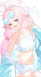 Rule 34 | 1girl, ahoge, bikini, blue archive, blue eyes, blush, character name, commentary, eyewear on head, fang, frilled bikini, frills, hair between eyes, hair bobbles, hair ornament, heterochromia, highres, hoshino (blue archive), hoshino (swimsuit) (blue archive), jacket, long hair, long sleeves, looking at viewer, low twintails, midriff, multicolored hair, navel, open mouth, orange eyes, pink hair, solo, sunglasses, swimsuit, symbol-only commentary, tatara (alnath may), twintails, very long hair, white bikini