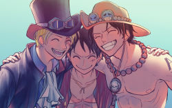 Rule 34 | 3boys, :d, ^ ^, ascot, black hair, blonde hair, brothers, closed eyes, closed eyes, freckles, goggles, goggles on headwear, hand on another&#039;s shoulder, hat, highres, hurumori, jewelry, monkey d. luffy, multiple boys, necklace, one piece, open mouth, portgas d. ace, sabo (one piece), scar, scar on face, short hair, siblings, smile