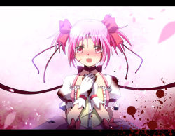 Rule 34 | 10s, 1girl, bad id, bad pixiv id, blood, bowl tanuki, dress, hands on own chest, kaname madoka, letterboxed, magical girl, mahou shoujo madoka magica, mahou shoujo madoka magica (anime), pink eyes, pink hair, ribbon, short hair, short twintails, solo, tears, twintails