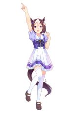 Rule 34 | 1girl, :d, animal ears, arm up, blouse, brown footwear, full body, highres, horse ears, horse girl, horse tail, index finger raised, multicolored hair, official art, open mouth, pleated skirt, purple eyes, purple shirt, revision, school uniform, serafuku, shirt, skirt, smile, solo, special week (umamusume), standing, tail, thighhighs, transparent background, two-tone hair, umamusume, white thighhighs
