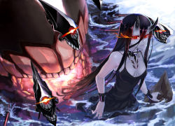 Rule 34 | 10s, 1girl, abyssal ship, battleship princess, black hair, black nails, choker, cuffs, dress, glowing, glowing eye, glowing eyes, glowing mouth, hair between eyes, highres, horns, i-class destroyer, in water, kantai collection, light trail, long hair, looking at viewer, nail polish, no eyebrows, ocean, partially submerged, red eyes, ro-class destroyer, spaghetti strap, sw (2311550438), teeth, very long hair, wading