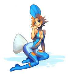 Rule 34 | 1girl, :d, arm support, bare shoulders, blue hair, blush, bodysuit, boots, breasts, center opening, cleavage, creatures (company), derlaine, fins, flipped hair, from side, full body, game freak, gen 3 pokemon, happy, head fins, head tilt, kneeling, looking at viewer, mudkip, navel, nintendo, open mouth, orange hair, personification, pokemon, short hair, simple background, smile, solo, tail, thigh boots, thighhighs, watermark, web address, white background