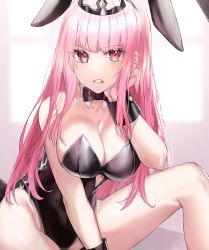 Rule 34 | absurdres, animal ears, bare shoulders, blunt bangs, bow, bowtie, breasts, cleavage, detached collar, highres, hololive, hololive english, kanniiepan, large breasts, leotard, looking at viewer, mori calliope, pantyhose, pink eyes, pink hair, playboy bunny, rabbit ears, sitting, sleeveless, solo, strapless, strapless leotard, virtual youtuber