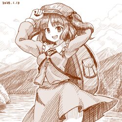 Rule 34 | 1girl, :d, arm behind back, backpack, bag, cloud, commentary request, cowboy shot, dated, flat cap, greyscale, hair bobbles, hair ornament, hat, kawashiro nitori, key, long sleeves, looking at viewer, monochrome, mountainous horizon, nokimenayu, open mouth, outdoors, shirt, sketch, skirt, smile, solo, teeth, touhou, two side up, upper teeth only
