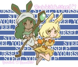 Rule 34 | 2girls, :&gt;, animal ears, blonde hair, character name, closed mouth, commentary request, copyright name, dancer rabbit, detached sleeves, dress, druid rabbit, full body, green eyes, green hair, grey dress, grey scarf, head scarf, holding, holding staff, kunai, long hair, looking at viewer, mage staff, medium bangs, miso253, multiple girls, open mouth, rabbit and steel, rabbit ears, rabbit girl, scarf, short hair, skirt, smile, staff, strapless, tube top, weapon, yellow eyes, yellow skirt, yellow tube top