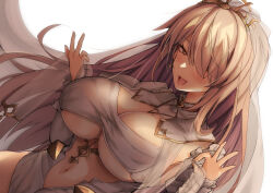 Rule 34 | 1girl, bare hips, between breasts, blonde hair, blush, breasts, center opening, cleric, dress, dutch angle, fang, hair over one eye, highres, jewelry, large breasts, long hair, long sleeves, looking at viewer, necklace, nijisanji, nui sociere, nui sociere (6th costume), official alternate costume, open mouth, see-through, side slit, simple background, smile, solo, tiara, underboob, veil, very long hair, virtual youtuber, white background, white dress, yellow eyes, yude