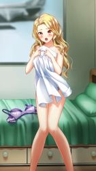 Rule 34 | 1girl, bed, blonde hair, blurry, blurry background, blush, bra, unworn bra, brown eyes, collarbone, curly hair, doukyuusei 2, doukyuusei another world, embarrassed, game cg, hair intakes, holding, holding clothes, holding shirt, indoors, long hair, looking at viewer, maijima karen, official art, open mouth, panties, panty peek, purple bra, shirt, unworn shirt, solo, standing, topless, under covers, underwear, very long hair, white shirt