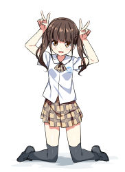 Rule 34 | 1girl, :d, arms up, black footwear, black thighhighs, blush, brown eyes, brown hair, brown skirt, collared shirt, commentary request, double v, full body, hatsunatsu, head tilt, kneeling, looking at viewer, open mouth, original, plaid, plaid skirt, pleated skirt, school uniform, shirt, shoes, short sleeves, simple background, skirt, smile, solo, thighhighs, tsurime, twintails, untucked shirt, v, white background, white shirt, zettai ryouiki