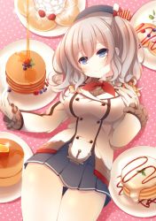 Rule 34 | 10s, 1girl, anju (meipurusanchi), bad id, bad pixiv id, blue eyes, blue skirt, blueberry, blush, breasts, buttons, closed mouth, epaulettes, food, fruit, hair between eyes, head tilt, kantai collection, kashima (kancolle), long sleeves, looking at viewer, medium breasts, miniskirt, pancake, pink background, plate, pleated skirt, polka dot, polka dot background, silver hair, skirt, smile, solo, strawberry, syrup, twintails, whipped cream