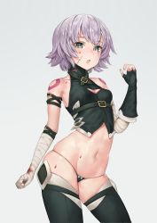 Rule 34 | 1girl, :o, bandages, bandaged arm, bandages, bangosu, belt, black gloves, black legwear, blood, blood on face, breasts, cleavage, cleavage cutout, clothing cutout, fate/apocrypha, fate (series), fingerless gloves, gloves, grey background, jack the ripper (fate/apocrypha), light purple hair, looking at viewer, navel, short hair, simple background, single glove, solo
