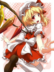 Rule 34 | 1girl, :d, blonde hair, blush, fang, female focus, flandre scarlet, hat, hat ribbon, leg up, looking at viewer, mount whip, open mouth, outstretched arms, red eyes, ribbon, side ponytail, smile, solo, thighhighs, touhou, white thighhighs, wings