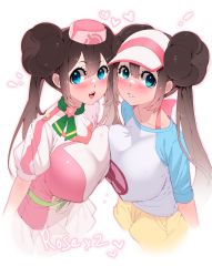 Rule 34 | 2girls, ascot, belt, blue eyes, bow, breast press, breasts, brown hair, creatures (company), double bun, doughnut hair bun, flower, from above, game freak, green scarf, hair bun, hat, highres, long hair, looking at viewer, multiple girls, nintendo, official alternate costume, open mouth, pink bow, pink flower, pink headwear, poke ball print, pokemon, pokemon bw2, pokemon masters ex, raglan sleeves, rosa (pokemon), rosa (special costume) (pokemon), scarf, short sleeves, shorts, simple background, sumisumii, teeth, twintails, visor cap, white background, yellow shorts