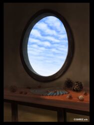 Rule 34 | absurdres, acorn, blue sky, cloud, cloudy sky, highres, no humans, original, pinecone, round window, shadow, sky, still life, sunrise arte, table, wall, window, wooden table