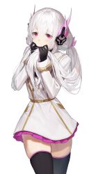Rule 34 | 1girl, black gloves, black thighhighs, blush, dress, gloves, gold belt, gold trim, gown, grey dress, hair between eyes, hair ornament, headgear, headphones, highres, holding own hair, liv: eclipse (punishing: gray raven), liv (punishing: gray raven), long hair, long sleeves, pink gloves, pink skirt, punishing: gray raven, red eyes, shrimpun, skirt, solo, thighhighs, twintails, two-tone gloves, white background