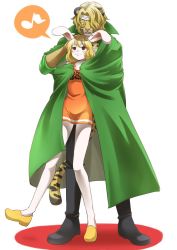 Rule 34 | 1boy, 1girl, age difference, animal ears, animal hands, bare shoulders, blonde hair, blush, brown gloves, cape, carrot (one piece), dress, gloves, green cape, green shirt, happy, highres, legs together, one piece, paw gloves, pedro (one piece), rabbit ears, rabbit girl, shirt, short dress, simple background, size difference, smile, speech bubble, thighhighs, white background