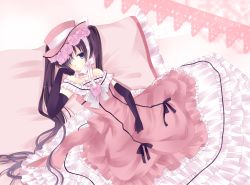 Rule 34 | 1boy, bare shoulders, black hair, blue eyes, bored, ciel phantomhive, couch, crossdressing, dress, elbow gloves, frills, frown, gloves, gothic lolita, hair over one eye, hat, highres, kanon (88221996), kuroshitsuji, lolita fashion, long hair, lying, male focus, pink dress, ribbon, solo, trap, twintails