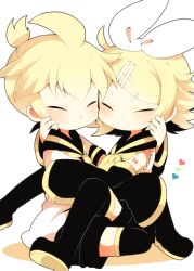 Rule 34 | 1boy, 1girl, ahoge, bad id, bad tumblr id, black footwear, blonde hair, blush, boots, brother and sister, cheek-to-cheek, chibi, detached sleeves, closed eyes, hair ornament, hair ribbon, hairclip, hand on another&#039;s face, heads together, hetero, hug, kagamine len, kagamine rin, kyou (nekoneko), ponytail, ribbon, sailor collar, short ponytail, siblings, thigh boots, thighhighs, vocaloid, white background, white ribbon