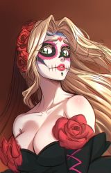 Rule 34 | black dress, black sleeves, blonde hair, breasts, brown background, calavera, chin piercing, cleavage, commentary, detached sleeves, dia de muertos, dress, english commentary, eyelashes, facepaint, fate/grand order, fate (series), flower, green eyes, hair flower, hair ornament, highres, large breasts, long hair, looking at viewer, mexican dress, quetzalcoatl (fate), red flower, red rose, rose, upper body, zantyarz