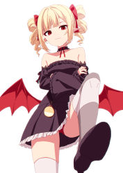 Rule 34 | 1girl, bad id, bad pixiv id, bare shoulders, black dress, black footwear, black sleeves, blonde hair, bow, closed mouth, collarbone, commentary request, commission, crossed arms, demon wings, detached sleeves, dress, drill hair, frilled dress, frilled sleeves, frills, from below, gothic lolita, hair bow, highres, lolita fashion, long sleeves, looking at viewer, looking down, low wings, original, oueo, panties, pixiv commission, pleated dress, pointy ears, red bow, red eyes, red panties, red wings, shoe soles, simple background, smile, solo, standing, standing on one leg, strapless, strapless dress, striped clothes, striped thighhighs, thighhighs, twin drills, twintails, underwear, white background, wide sleeves, wings