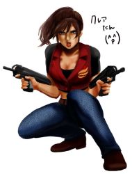 Rule 34 | 1girl, artist request, bad id, bad pixiv id, black shirt, blue eyes, breasts, brown hair, buttons, calico m100p, cheek pistol, claire redfield, cleavage, collarbone, denim, double-stack magazine, dual wielding, full body, gun, handgun, helical magazine, high-capacity magazine, holding, horizontal magazine, jeans, pants, pistol, ponytail, resident evil, resident evil - code: veronica, resident evil 2, shirt, shoes, short sleeves, sidelocks, simple background, solo, squatting, vest, weapon, white background