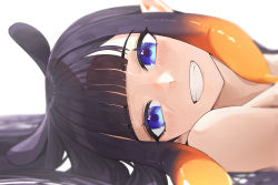 Rule 34 | 1girl, absurdres, animal ears, black hair, blue eyes, blunt bangs, blurry, blurry background, blush, brown hair, commentary, darkzmonsty, depth of field, gradient hair, grin, highres, hololive, hololive english, long hair, looking at viewer, looking to the side, lying, multicolored hair, ninomae ina&#039;nis, on back, pointy ears, simple background, smile, solo, teeth, virtual youtuber, white background