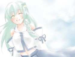 Rule 34 | 1girl, :d, ^ ^, bad id, bad pixiv id, bare shoulders, closed eyes, detached sleeves, female focus, frog hair ornament, green hair, hair ornament, kochiya sanae, long hair, nontraditional miko, open mouth, simple background, smile, solo, touhou, usa-neko, usaneko (artist), very long hair, white background