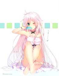 Rule 34 | 1girl, absurdres, anceril sacred, barefoot, blush, dress, artistic error, feet, food, green eyes, hair flaps, highres, long hair, looking at viewer, mishima kurone, mouth hold, one eye closed, original, popsicle, scan, sitting, soles, solo, strap slip, toe scrunch, toes, twitter username, very long hair, white hair, wrong foot