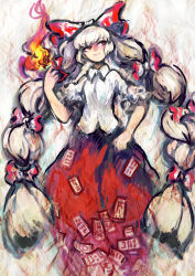 Rule 34 | 1girl, alternate hairstyle, bad id, bad pixiv id, bow, faux traditional media, female focus, fire, fujiwara no mokou, gradient background, hair bow, highres, kogiso, long hair, sleeves rolled up, solo, speed painting, touhou, twintails, very long hair