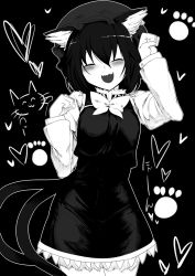 Rule 34 | 1girl, :d, animal ears, breasts, cat ears, chen, closed eyes, greyscale, hair between eyes, happy, hat, heart, mizuga, mob cap, monochrome, open mouth, paw pose, sharp teeth, small breasts, smile, solo, teeth, touhou