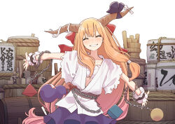 Rule 34 | 1girl, absurdres, blue ribbon, blue skirt, blush, bottle, bow, brown sash, chain, closed eyes, facing viewer, gourd, hair bow, highres, horn ornament, horn ribbon, horns, ibuki suika, kawayabug, long hair, masu, navel, oni horns, orange hair, outstretched arms, red bow, ribbon, skirt, smile, solo, spread arms, torn clothes, torn sleeves, touhou, upper body, wrist cuffs