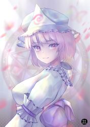 Rule 34 | 1girl, absurdres, blue hat, blue kimono, breasts, closed mouth, commentary, from side, hat, highres, japanese clothes, kimono, large breasts, looking at viewer, mob cap, pink eyes, pink hair, saigyouji yuyuko, smile, solo, tofuandsoup, touhou, triangular headpiece, upper body