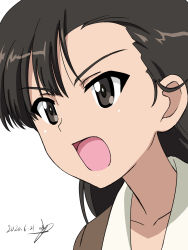 Rule 34 | 1girl, artist name, asymmetrical bangs, black eyes, black hair, brown jacket, bukkuri, chi-hatan military uniform, commentary, dated, frown, girls und panzer, highres, jacket, long hair, looking to the side, nishi kinuyo, open mouth, portrait, signature, simple background, solo, straight hair, white background
