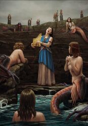 Rule 34 | black hair, blonde hair, dress, gwent (game), harp, highres, instrument, mermaid, monster, monster girl, multiple girls, non-web source, rock, standing, the witcher (series), topless, water