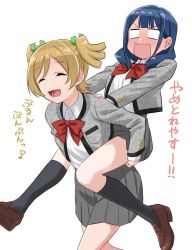 Rule 34 | 10s, 2girls, blank eyes, blonde hair, blue hair, blush, bow, bowtie, carrying, closed eyes, commentary request, daiba nana, hair ribbon, hanayagi kaoruko, hands on another&#039;s shoulders, multiple girls, nose blush, open mouth, piggyback, pleated skirt, ribbon, rurie (lourie), seishou music academy uniform, shoujo kageki revue starlight, simple background, skirt, translation request, twintails, v-shaped eyebrows, white background, wing collar