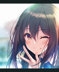 Rule 34 | 1girl, arms note, bionic joshikousei (fukai ryousuke), black hair, blue neckwear, blush, brown eyes, commentary request, fukai ryosuke, grin, highres, lens flare, letterboxed, long hair, looking at viewer, parted lips, signature, smile, solo, upper body, v, w